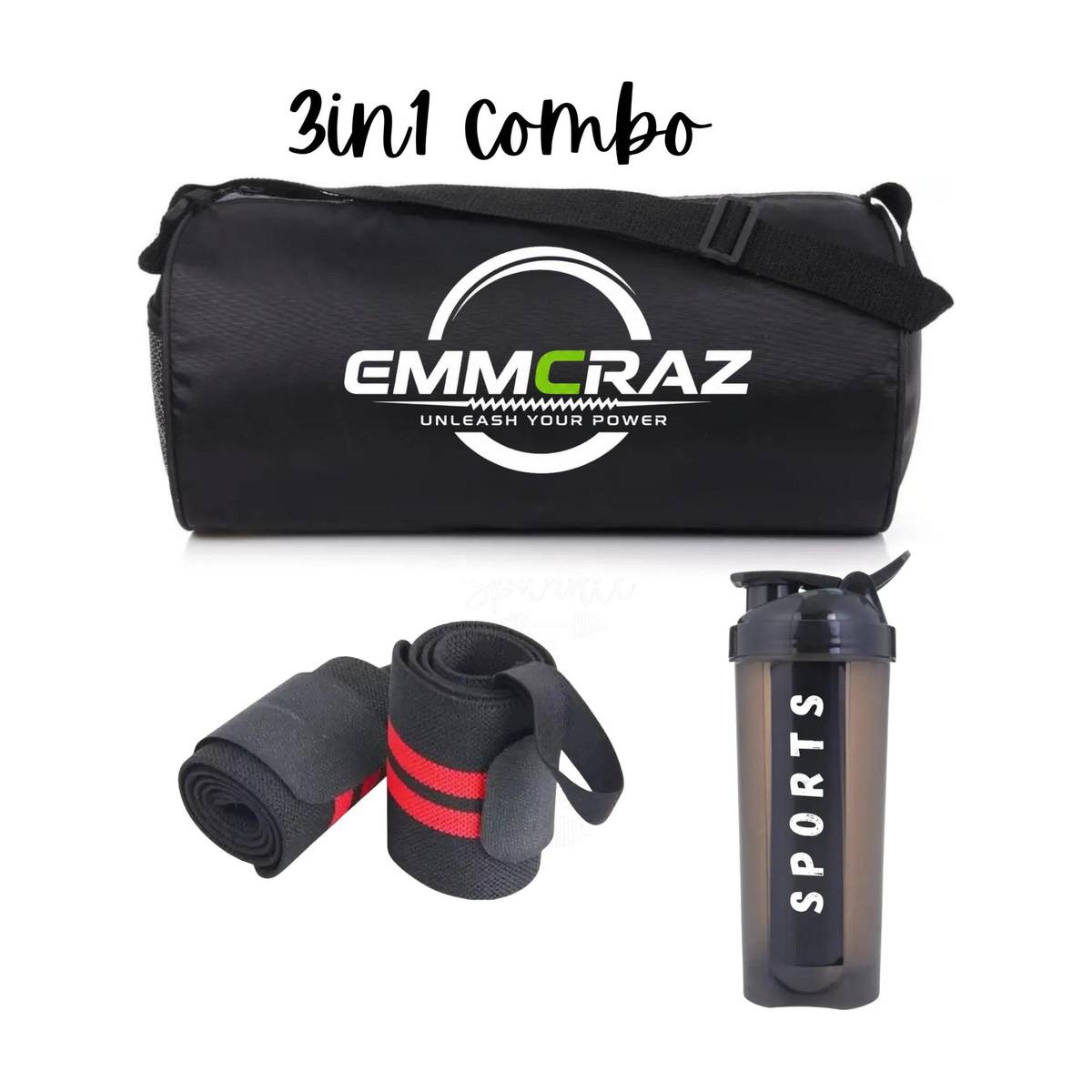 EMMCRAZ Fitness ComboWrist Band With Gym Bag & 700ML Gym Shaker along with wrist support
