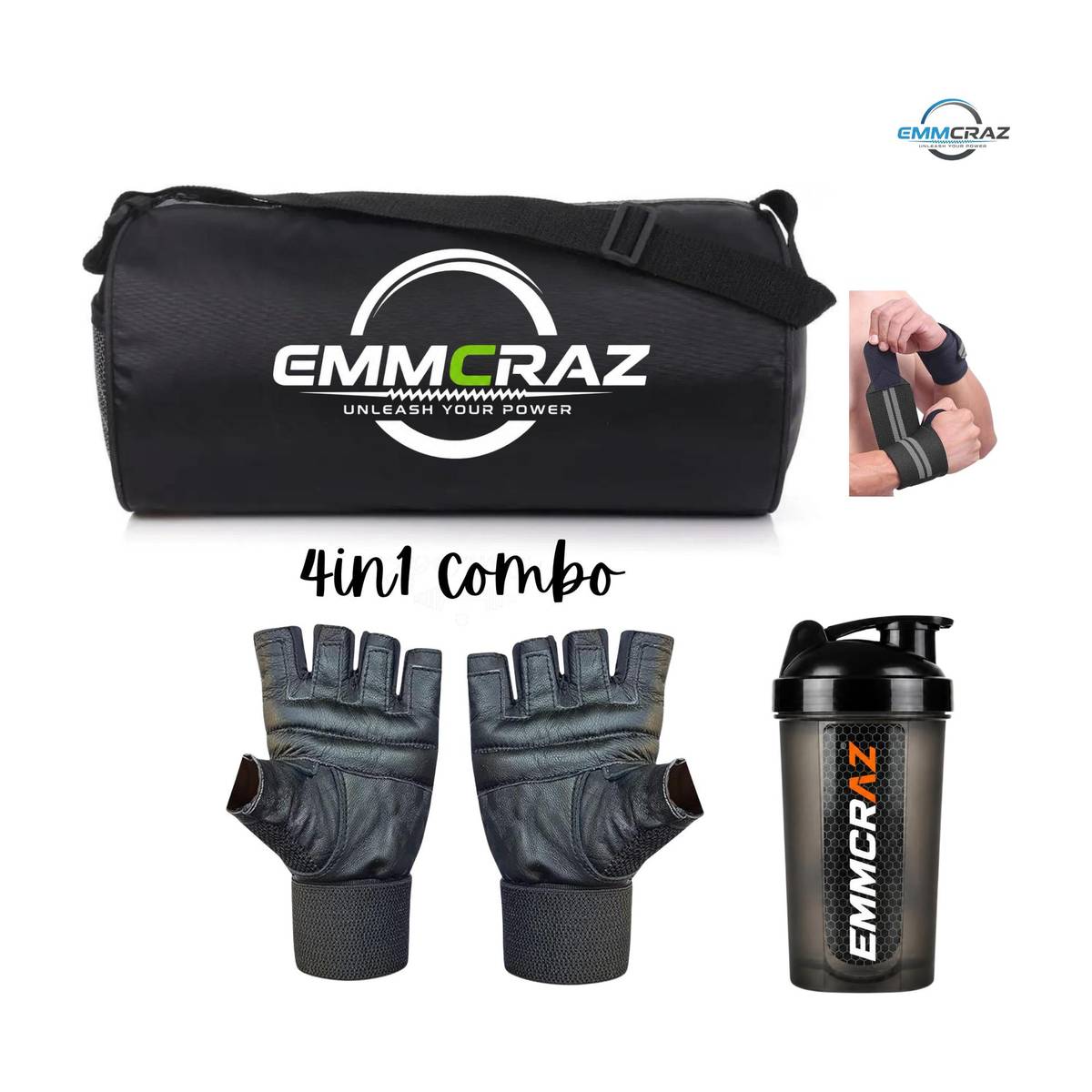 EMMCRAZ BLACK GYM BAG WITH PREMIUM SHAKER BOTTLE ,GLOVES AND WRIST SUPPORT