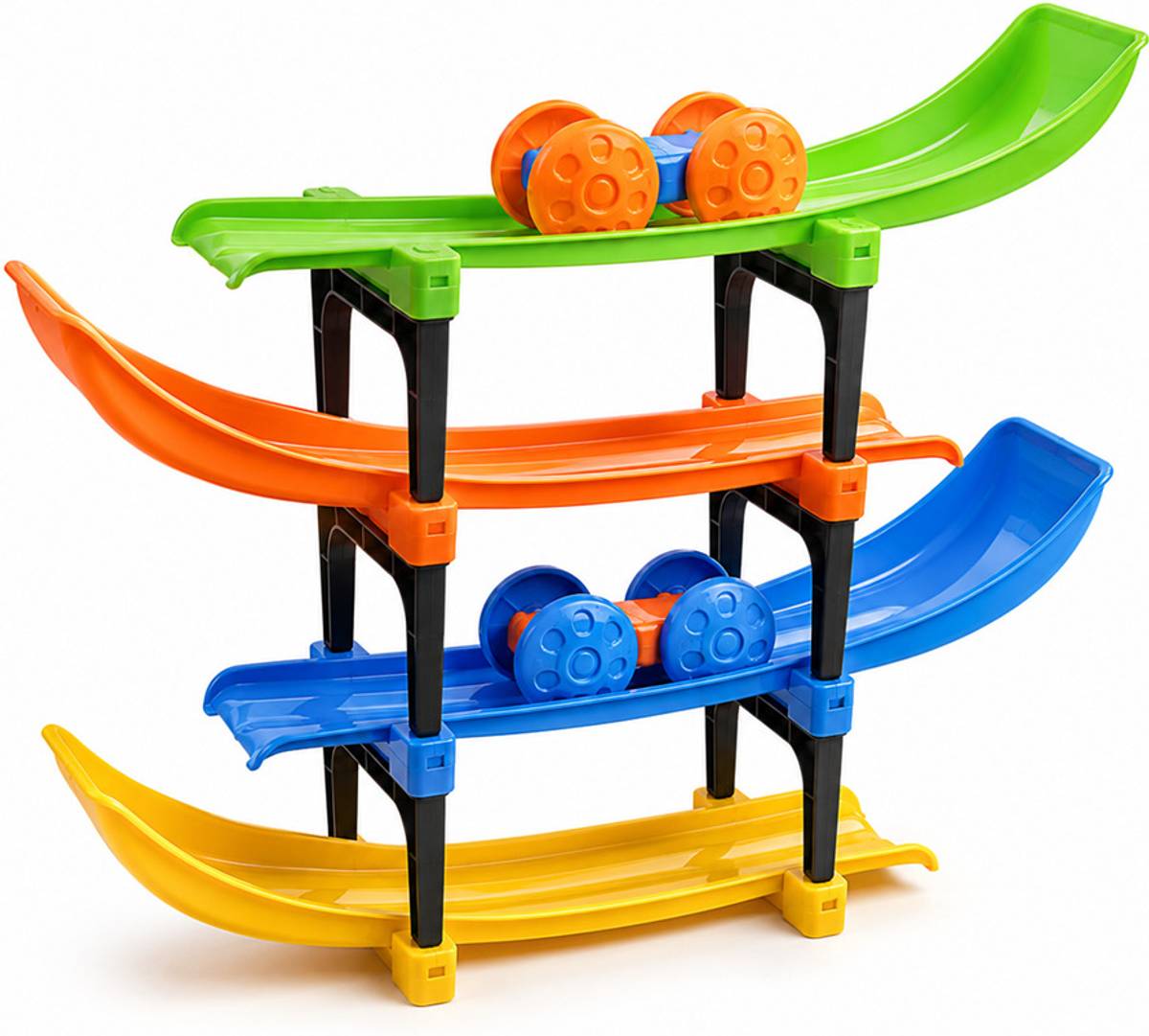 Multicolor 4-Level Car Ramp Racer Toy with 2 Mini Cars for Kids Indoor Play