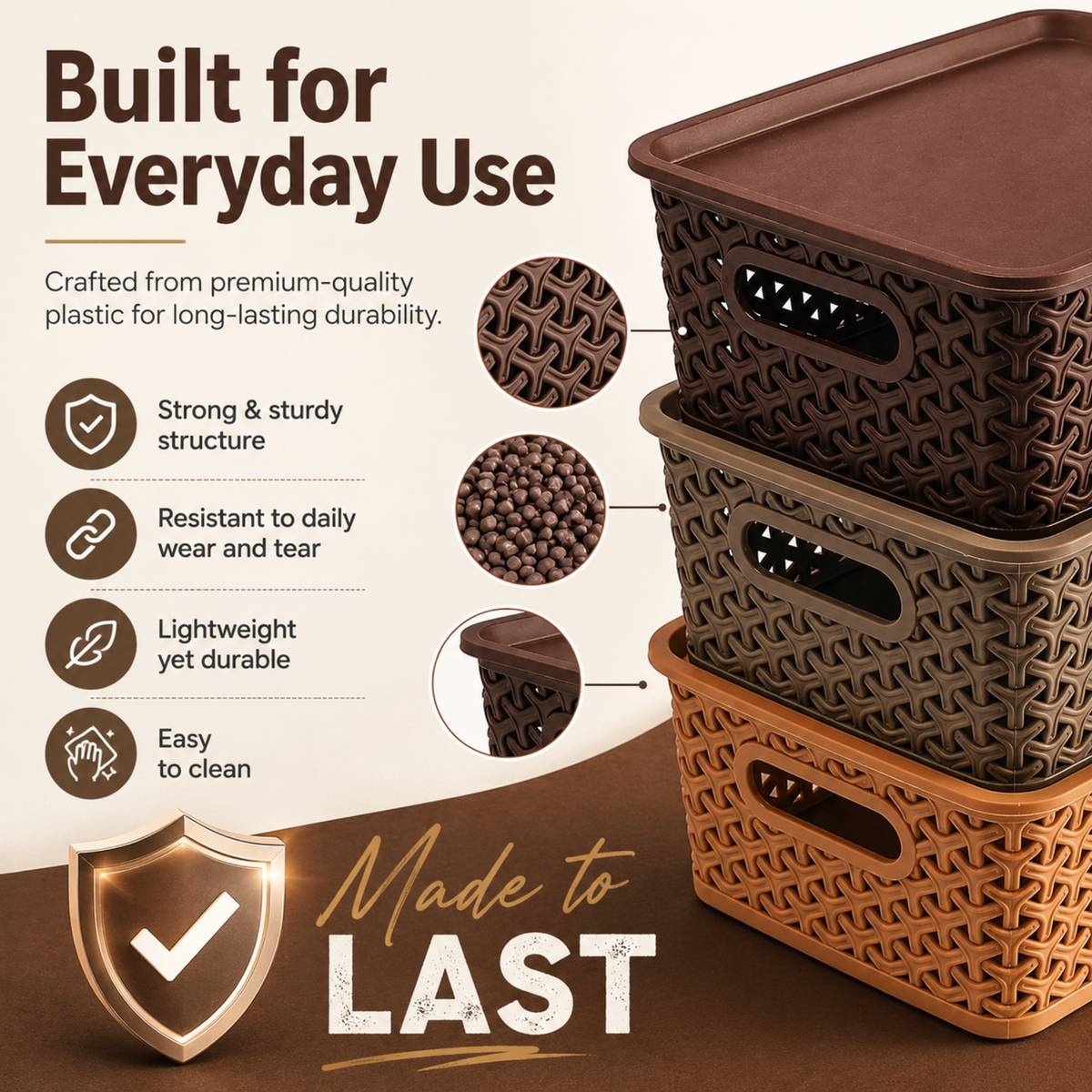 SAMANS Plastic 3 Piece Storage Basket Set with Lid Brown Beige Orange Storage Basket — photo 4