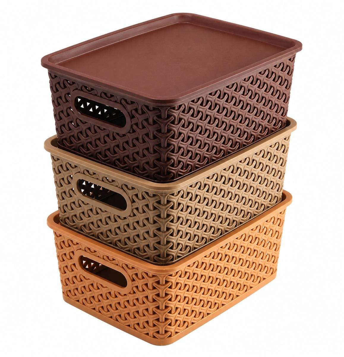 SAMANS Plastic 3 Piece Storage Basket Set with Lid Brown Beige Orange Storage Basket