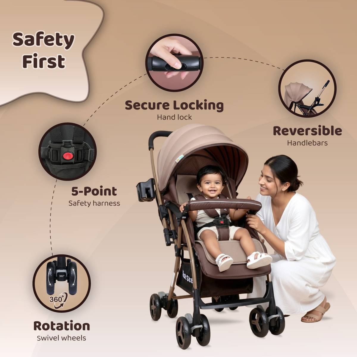 Step Caramel Baby With 5 Point Safety Harness And Reversible Handlebar Stroller — photo 2