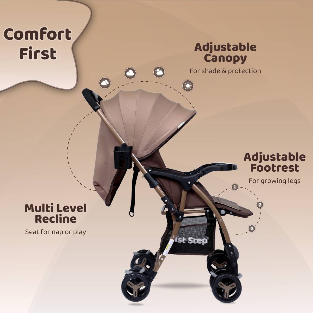 Step Caramel Baby With 5 Point Safety Harness And Reversible Handlebar Stroller — photo 3