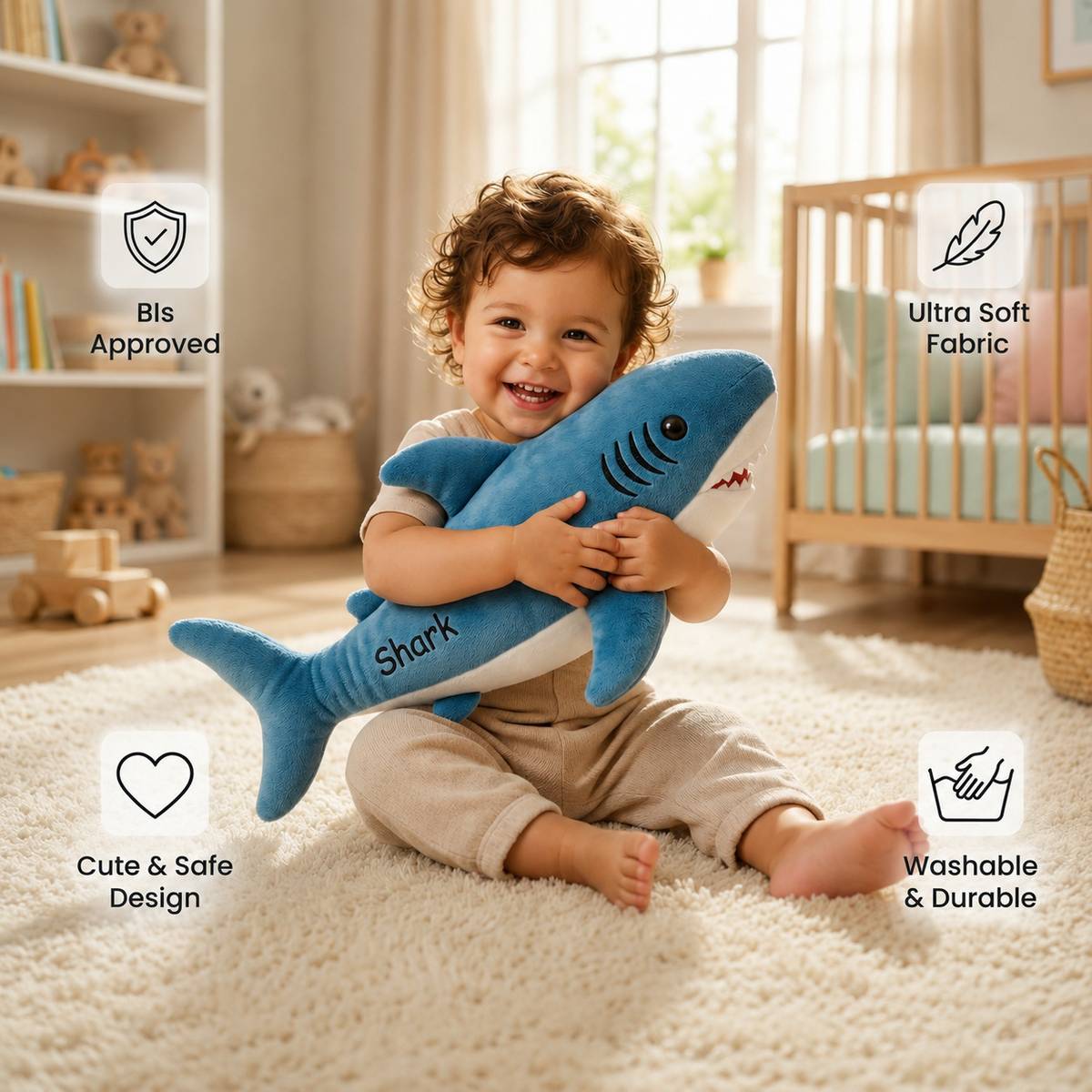Cute Shark Plush Toy – Soft Blue Ocean Stuffed Animal for Kids & Babies  - 45 cm — photo 4