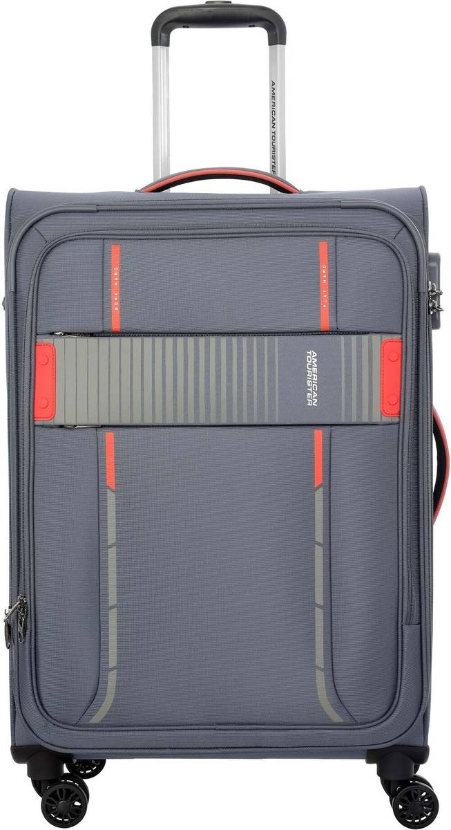 AMERICAN TOURISTER Polyester soft spinner suitcase trolley bag with 8 wheeler & secure Zipper Expandable Check-in Suitcase 8 Wheels - 27 inch