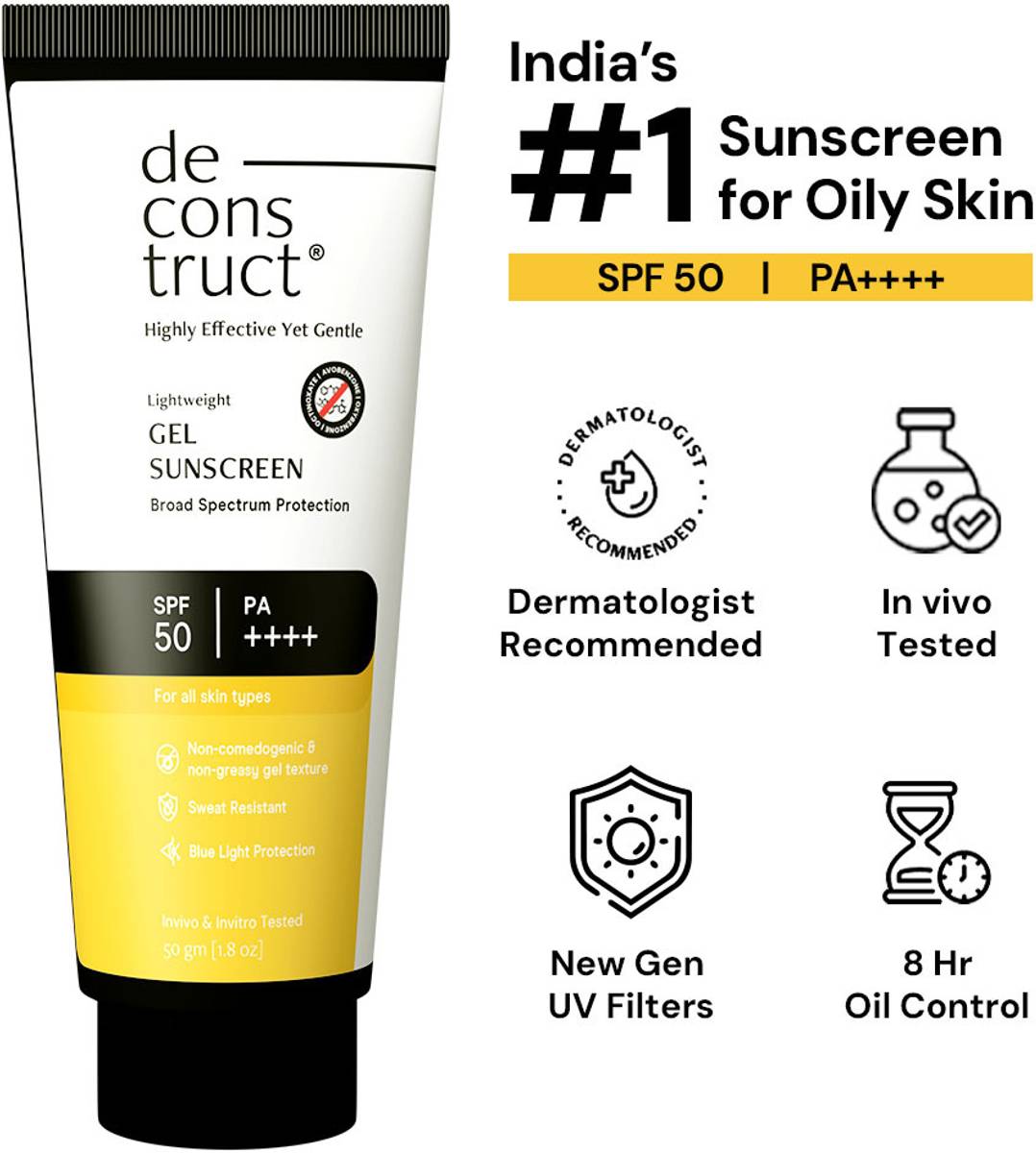 Deconstruct Sunscreen - SPF 50 PA++++ | Lightweight Gel Sunscreen |In-Vivo Tested | Non Greasy | For Men & Women