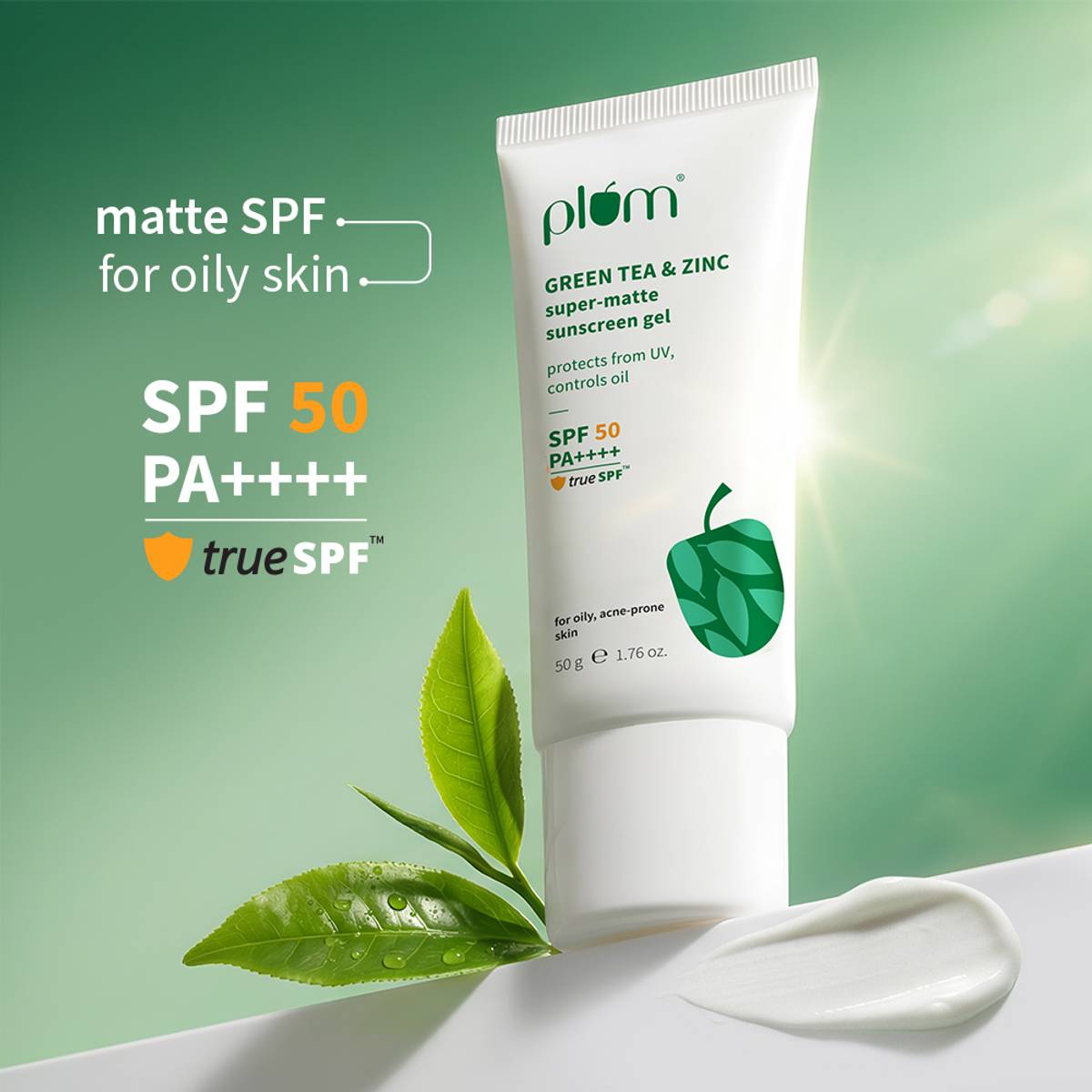 Plum Sunscreen - SPF 50 PA++++ Green Tea & Zinc Super-Matte SPF 50 Sunscreen Gel | For Oily Skin |