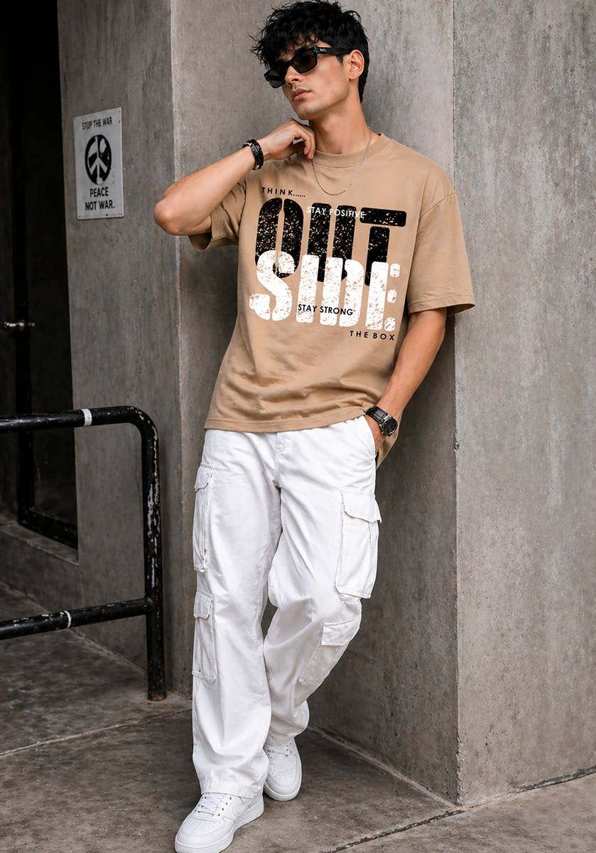 Typography Men Round Neck Beige T-Shirt — photo 5