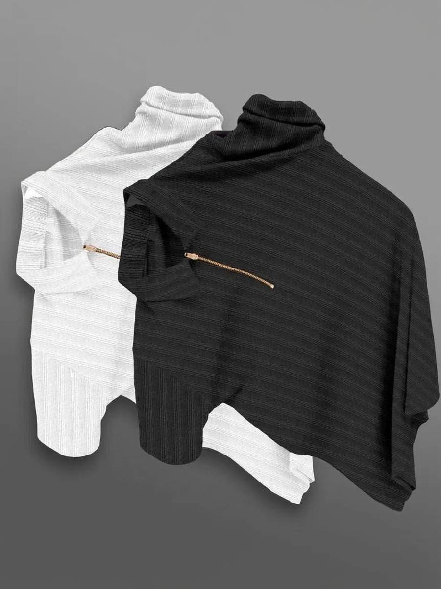 KAJARU Self Design Men Zip Neck White, Black T-Shirt