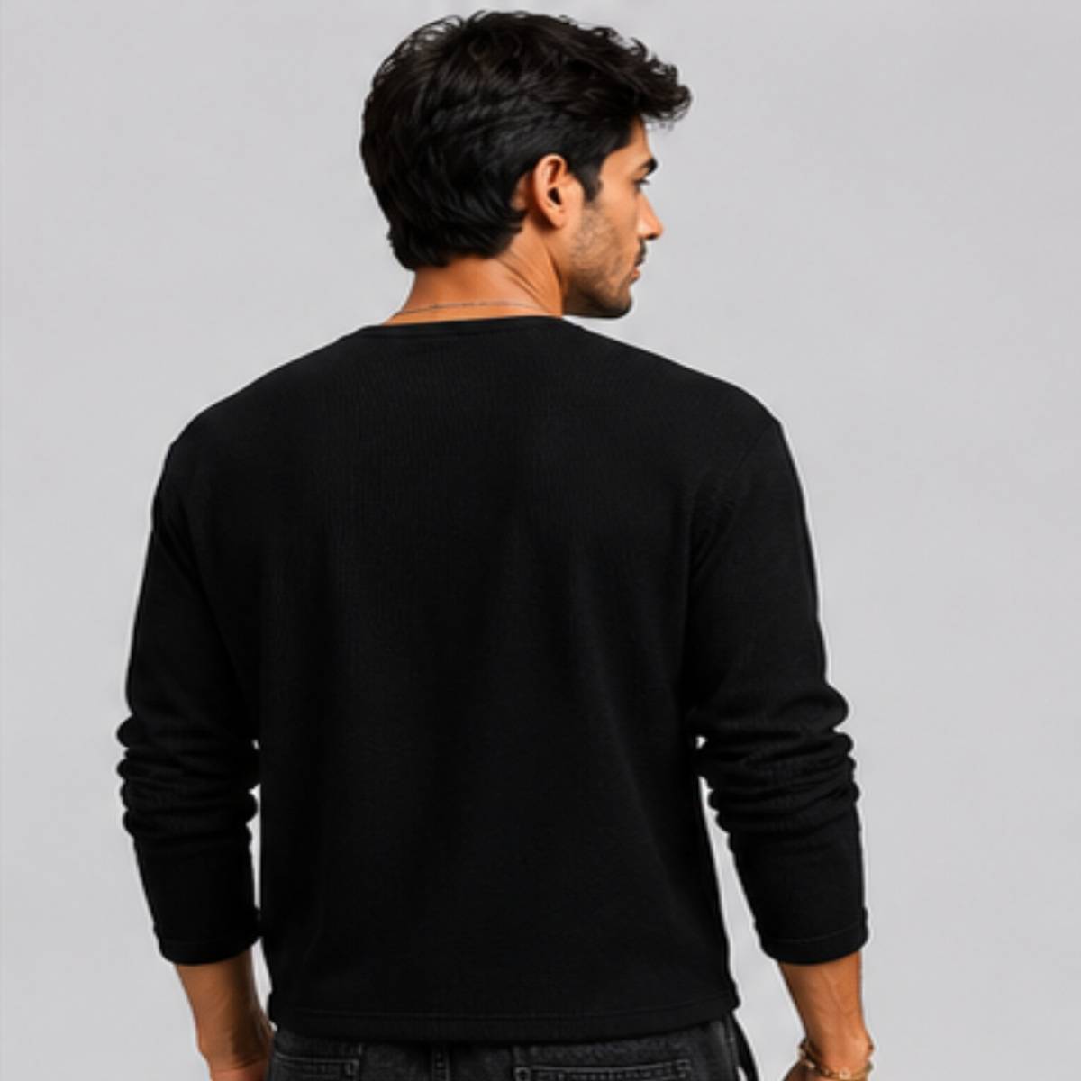 HeraDawn Self Design Men Henley Neck Black T-Shirt — photo 2