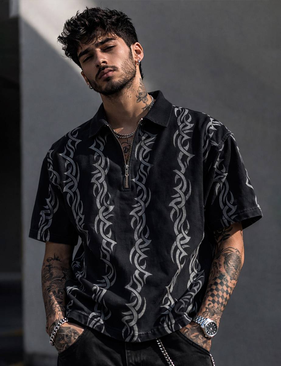 Force Printed Men Zip Neck Reversible Black T-Shirt