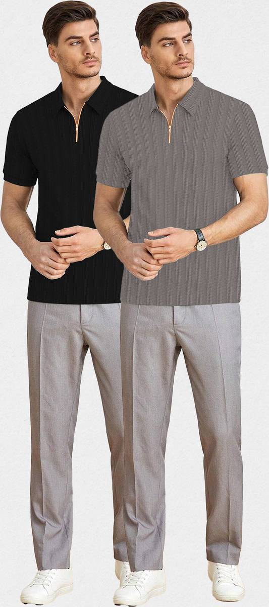 KAJARU Self Design Men Zip Neck Black, Grey T-Shirt — photo 5
