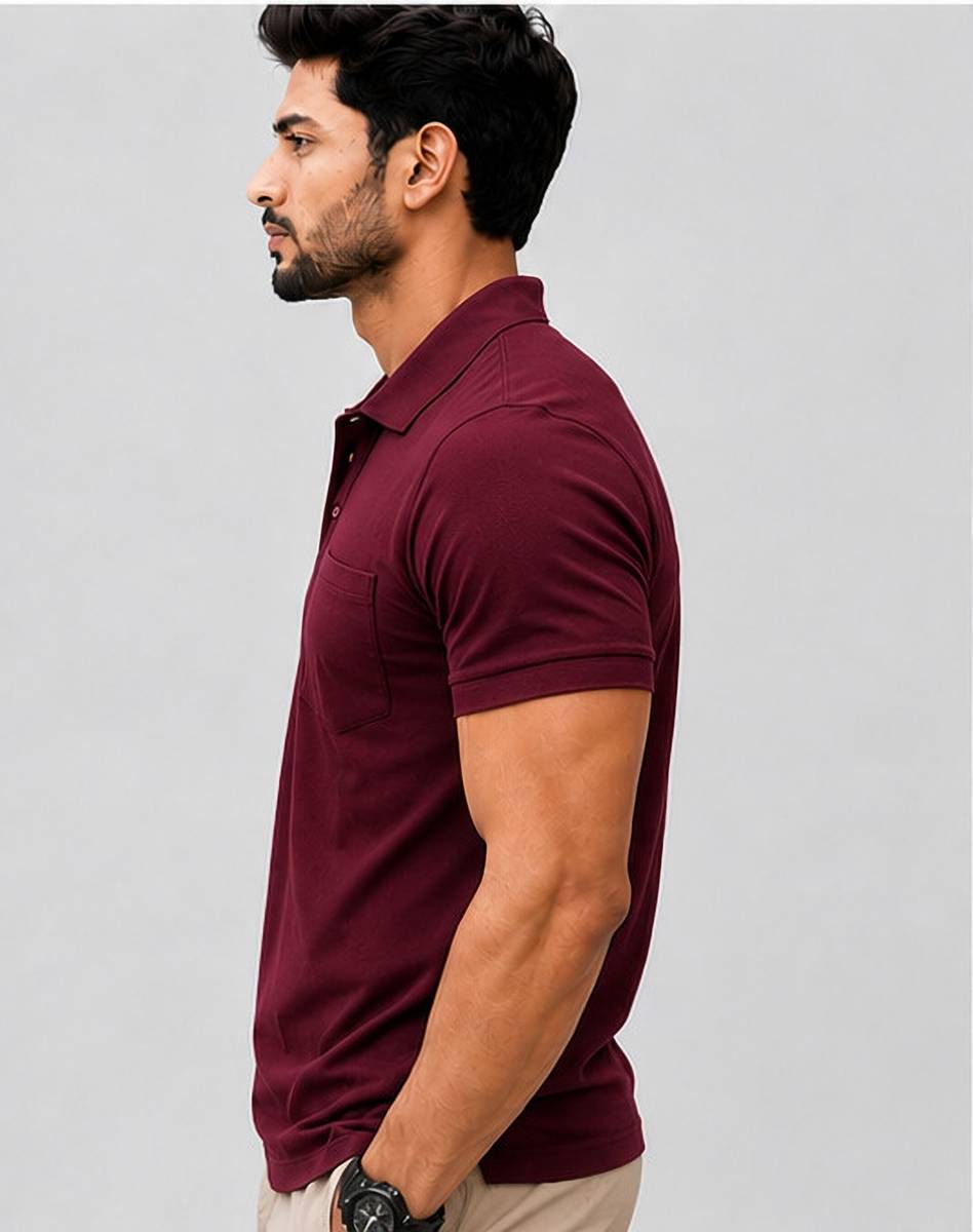 Solid Men Polo Neck Maroon T-Shirt — photo 3