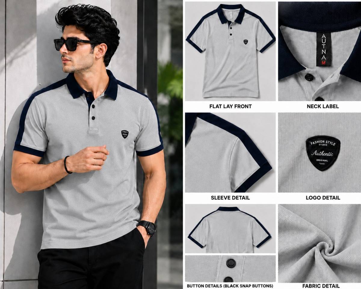 Colorblock Men Polo Neck Grey, Black T-Shirt — photo 3