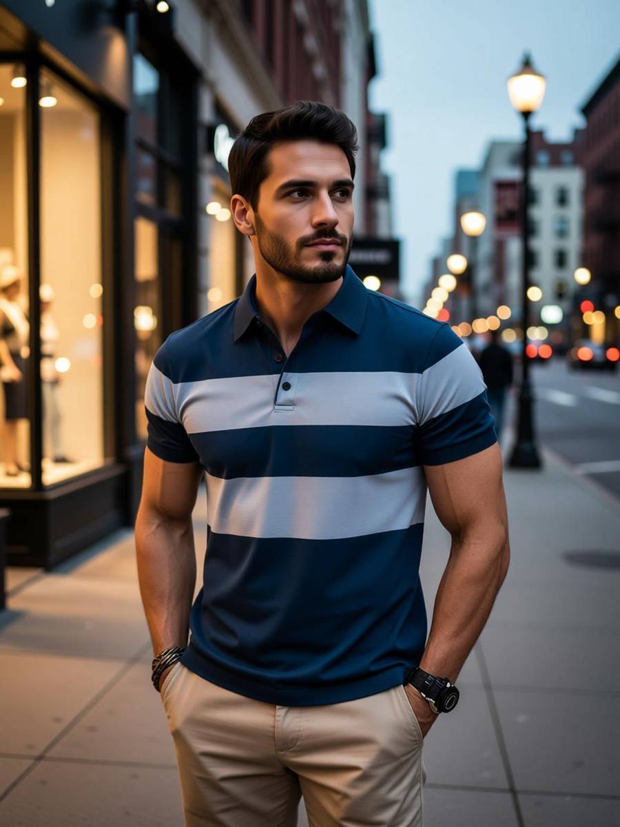 Striped, Colorblock Men Polo Neck Blue T-Shirt — photo 2