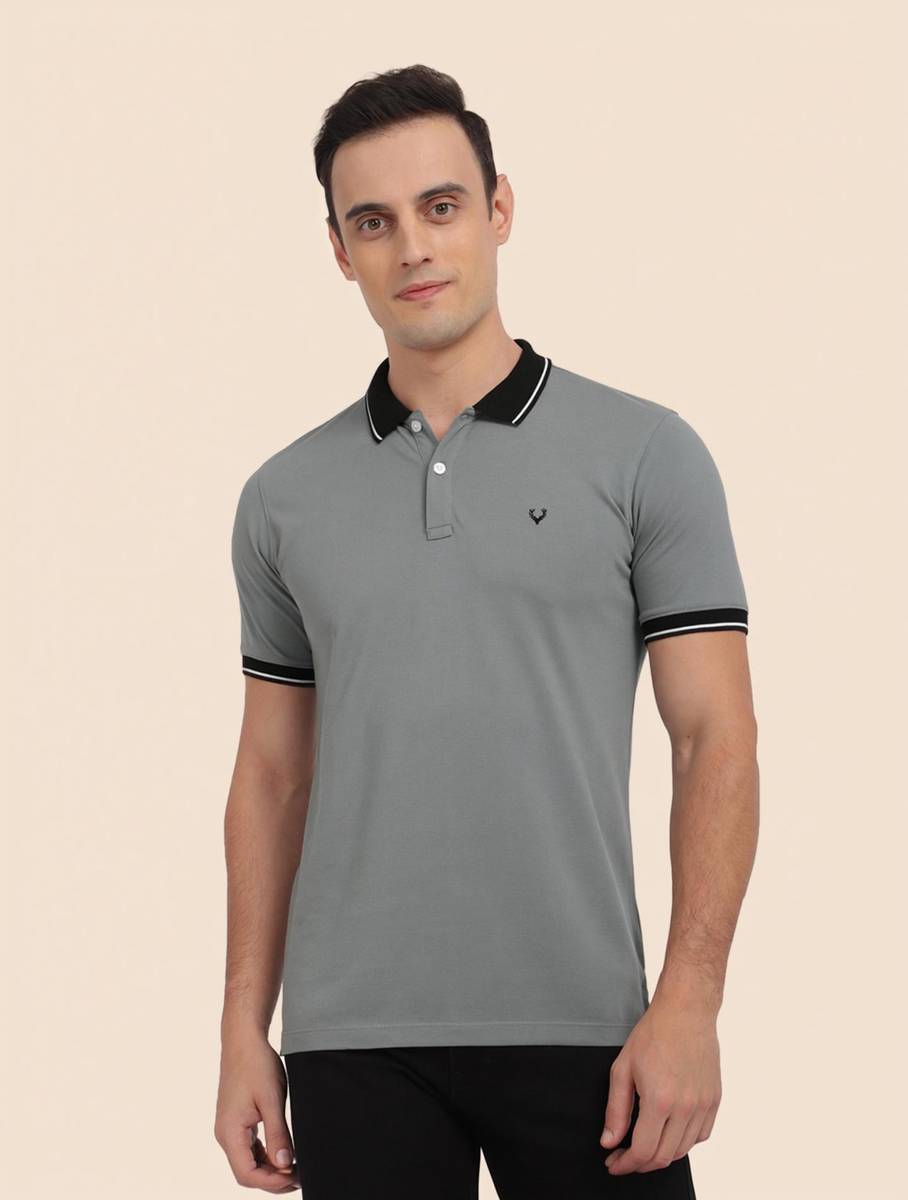 Solid Men Polo Neck Grey T-Shirt