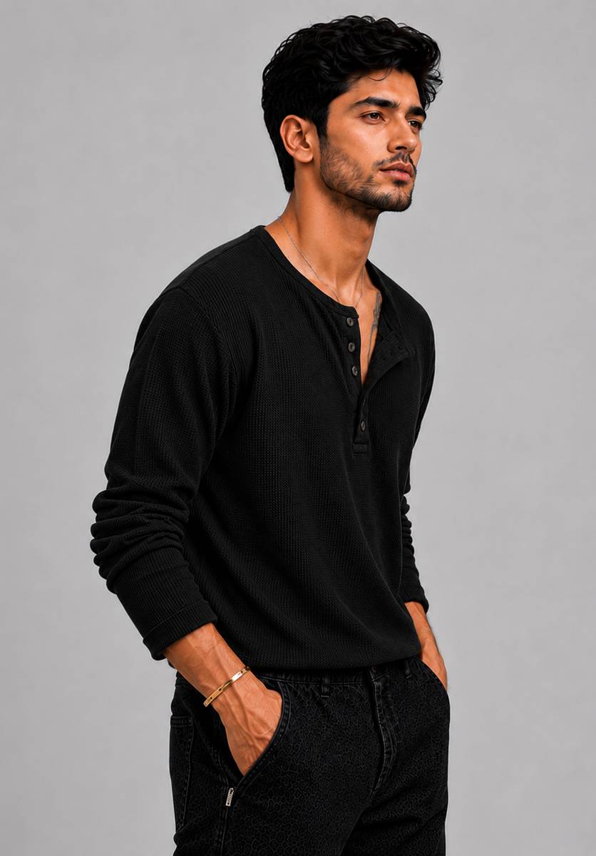 HeraDawn Self Design Men Henley Neck Black T-Shirt — photo 4