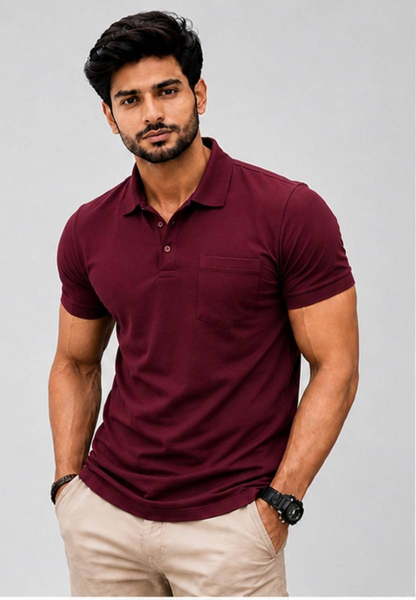 Solid Men Polo Neck Maroon T-Shirt