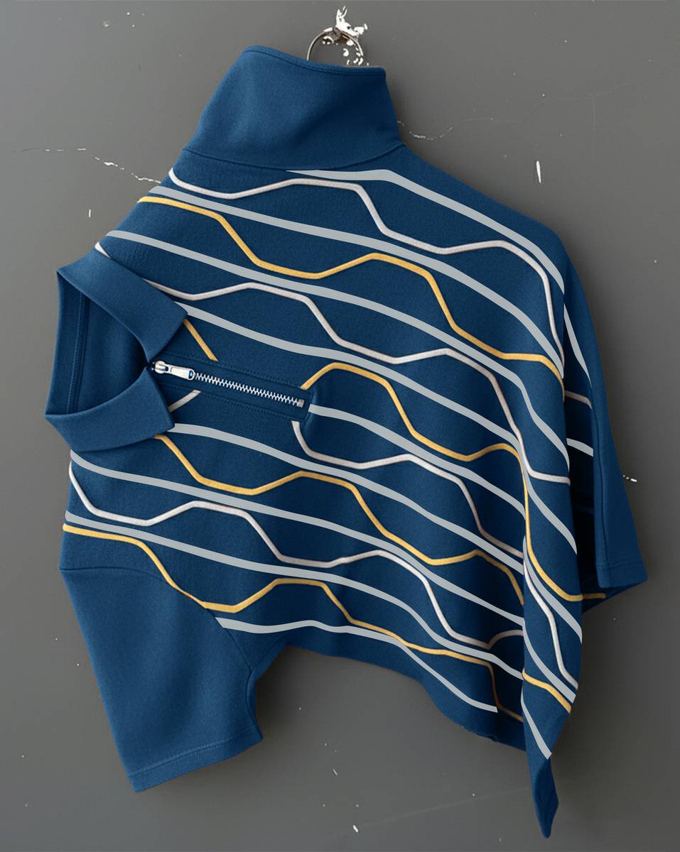 GLOBAL NOMAD Printed Men Zip Neck Dark Blue, White T-Shirt