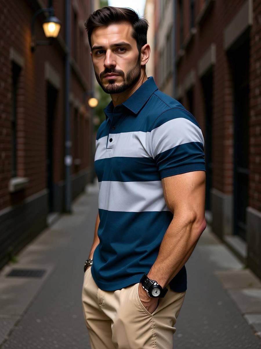 Striped, Colorblock Men Polo Neck Blue T-Shirt — photo 5