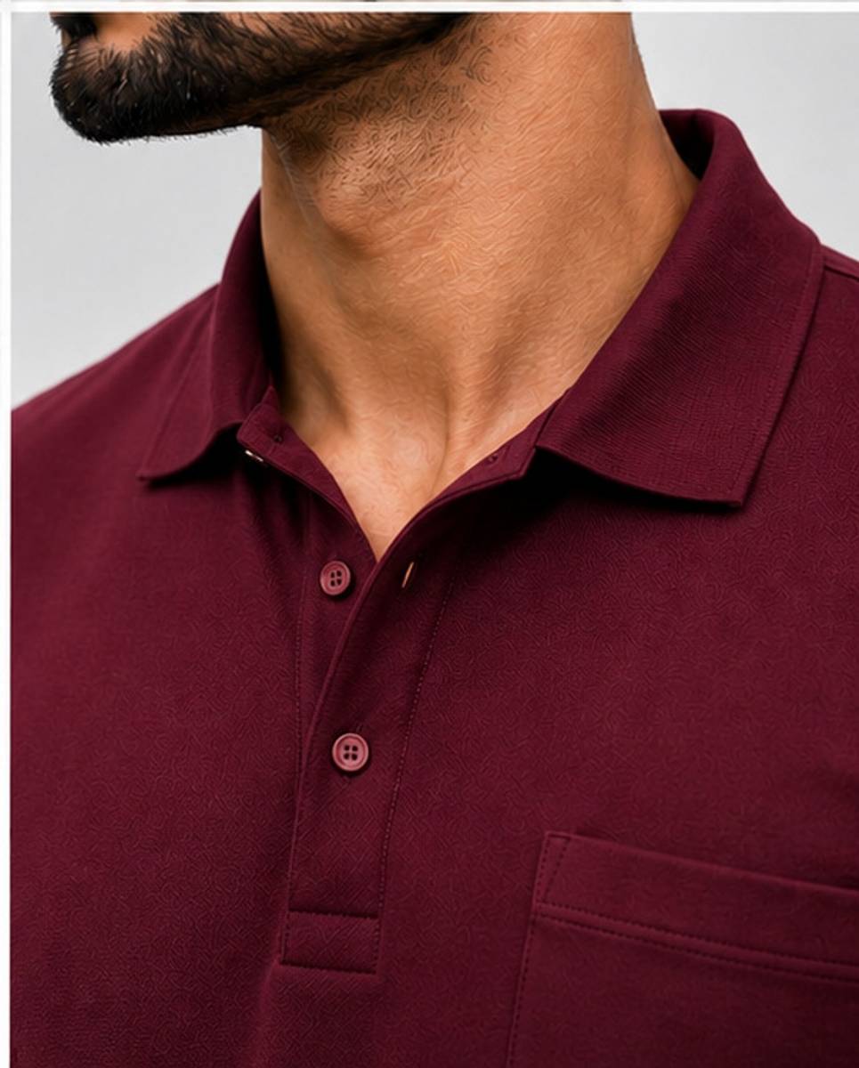 Solid Men Polo Neck Maroon T-Shirt — photo 4