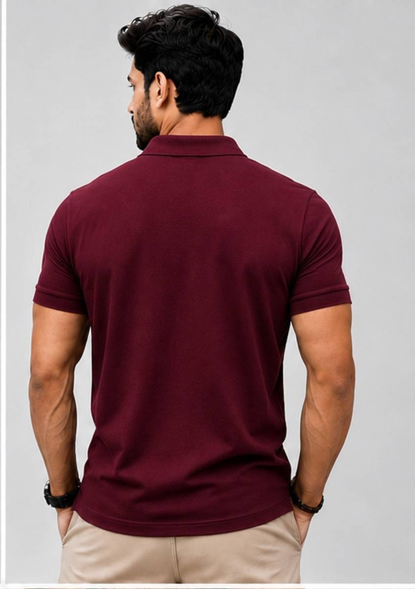 Solid Men Polo Neck Maroon T-Shirt — photo 2