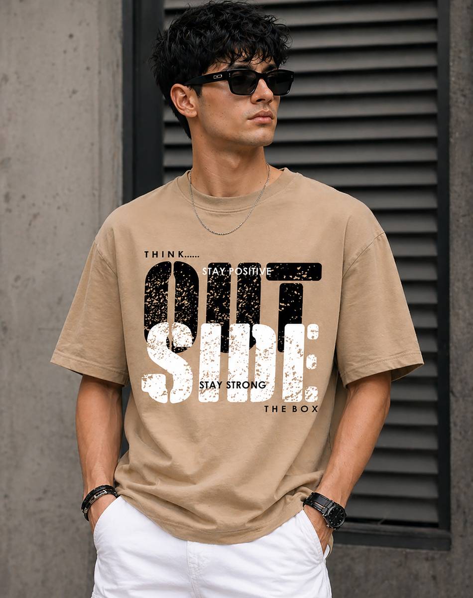 Typography Men Round Neck Beige T-Shirt — photo 4