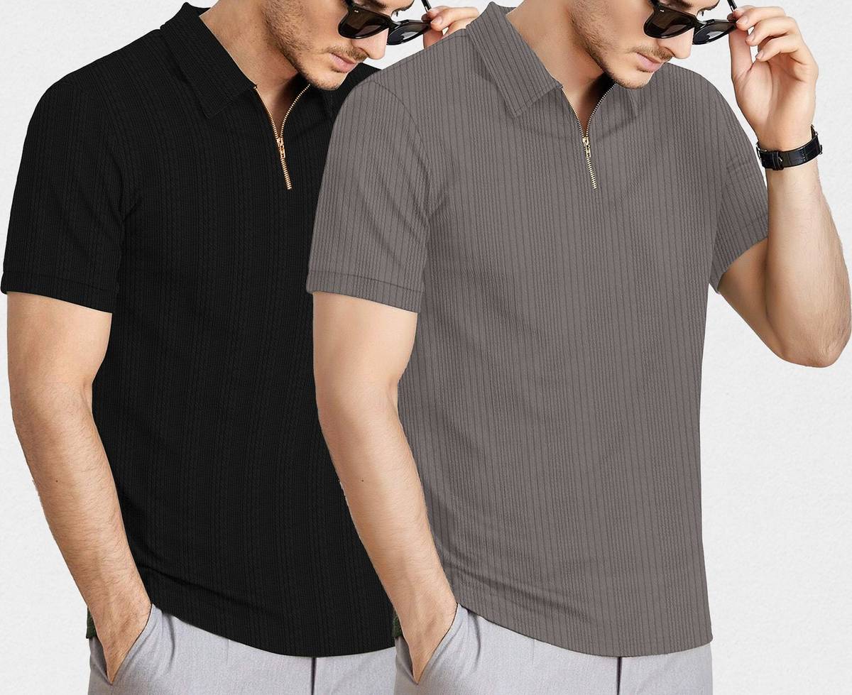 KAJARU Self Design Men Zip Neck Black, Grey T-Shirt — photo 4