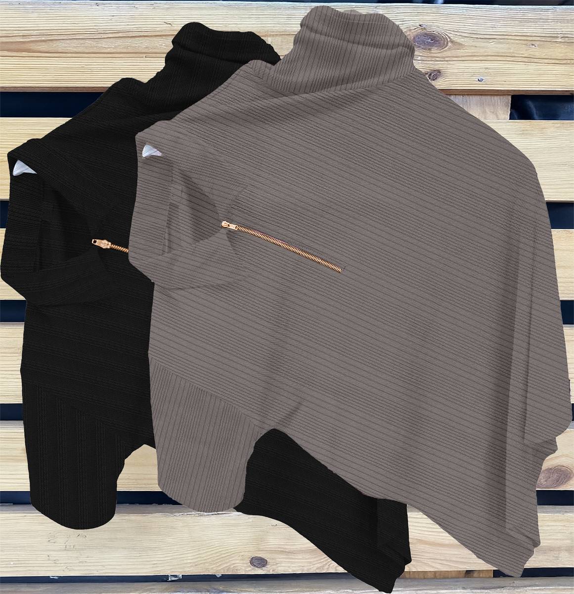 KAJARU Self Design Men Zip Neck Black, Grey T-Shirt