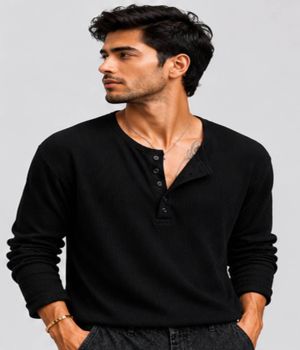 HeraDawn Self Design Men Henley Neck Black T-Shirt — photo 3