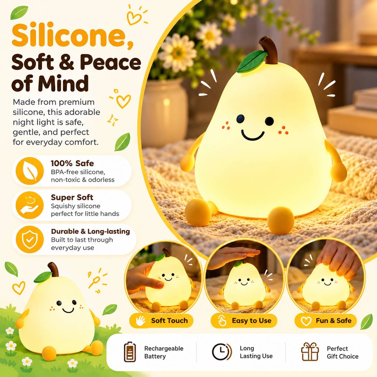 FINARO Cute Pear Silicone Touch LED Lamp USB Rechargeable 7 Color Changing - 13 cm — photo 2