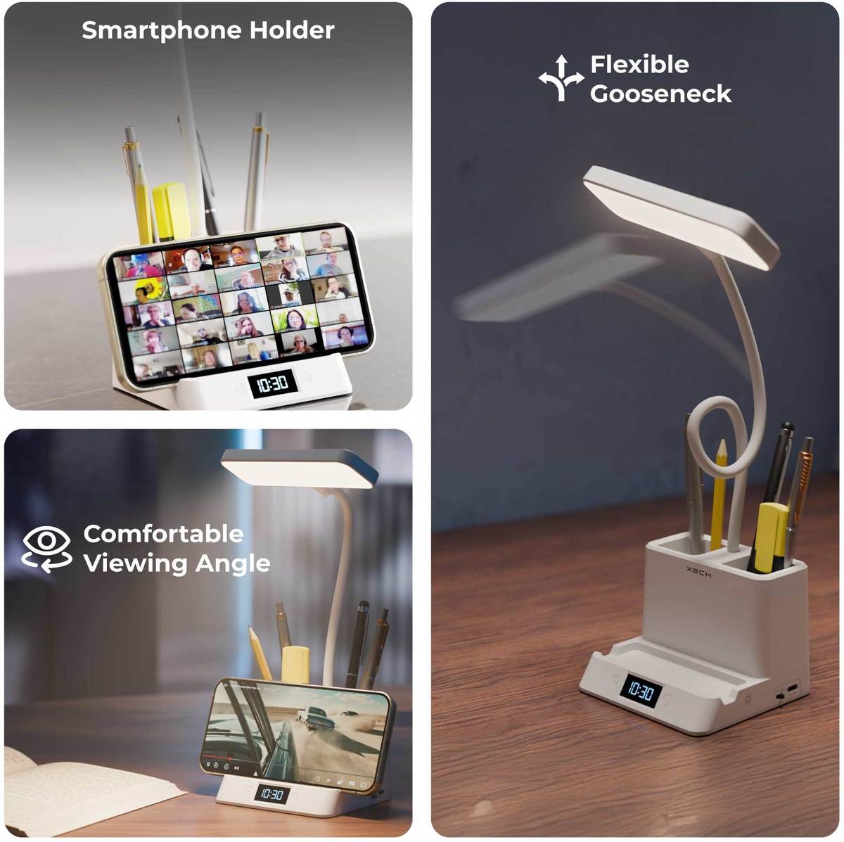 xech Rechargeable Table Lamp with Digital Clock Pen Stand 3 Color tone Desky Digital Study Lamp — photo 5