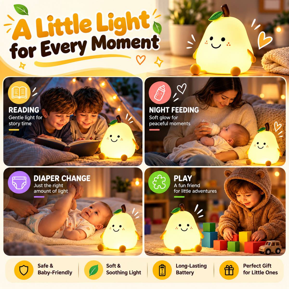 FINARO Cute Pear Silicone Touch LED Lamp USB Rechargeable 7 Color Changing - 13 cm — photo 4