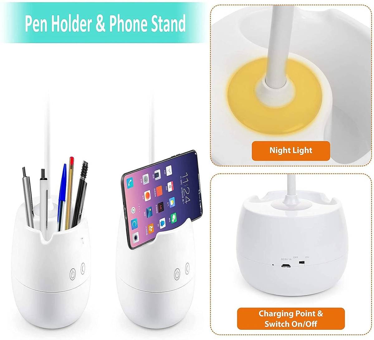 Desk Lamp with 3 Shades Touch Control Light and Mobile Holder Design With Night Study Lamp — photo 4