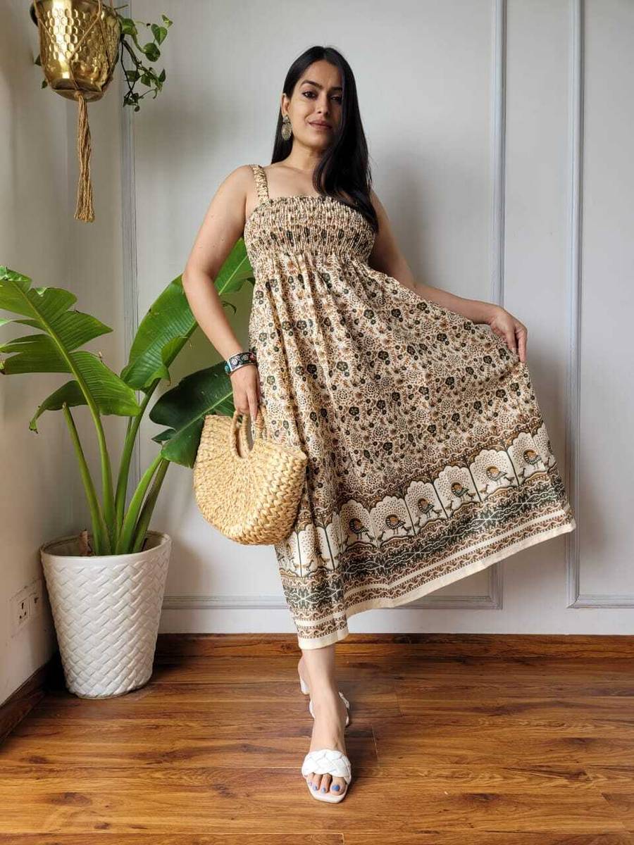 Shiv Homiefix Women Gathered Multicolor Midi/Calf Length Dress