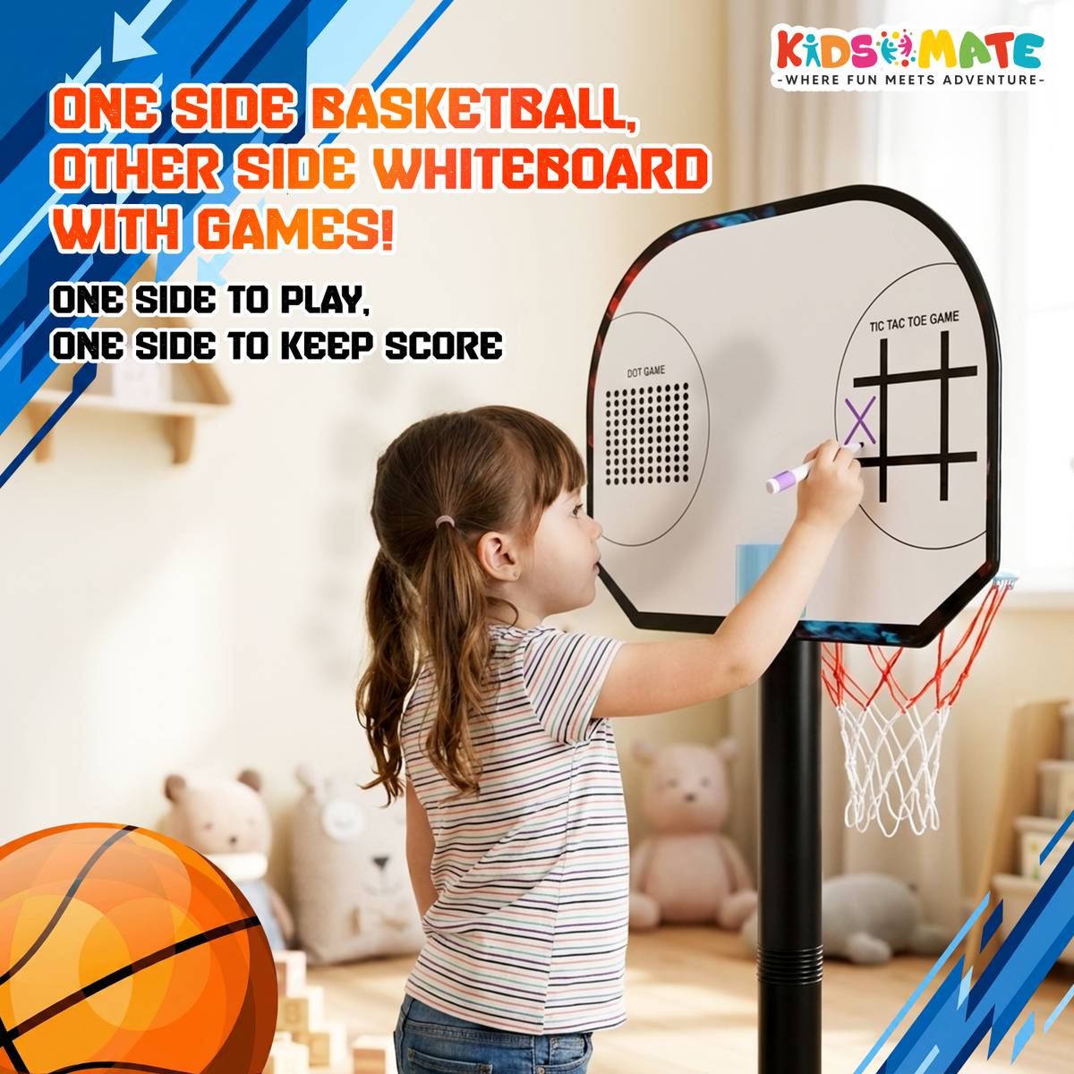 Kidsmate 3-in-1 Basketball Set for Kids, Adjustable Height Basketball Stand, Tic Tac Toe Basketball — photo 4