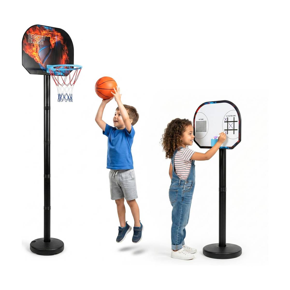 Kidsmate 3-in-1 Basketball Set for Kids, Adjustable Height Basketball Stand, Tic Tac Toe Basketball