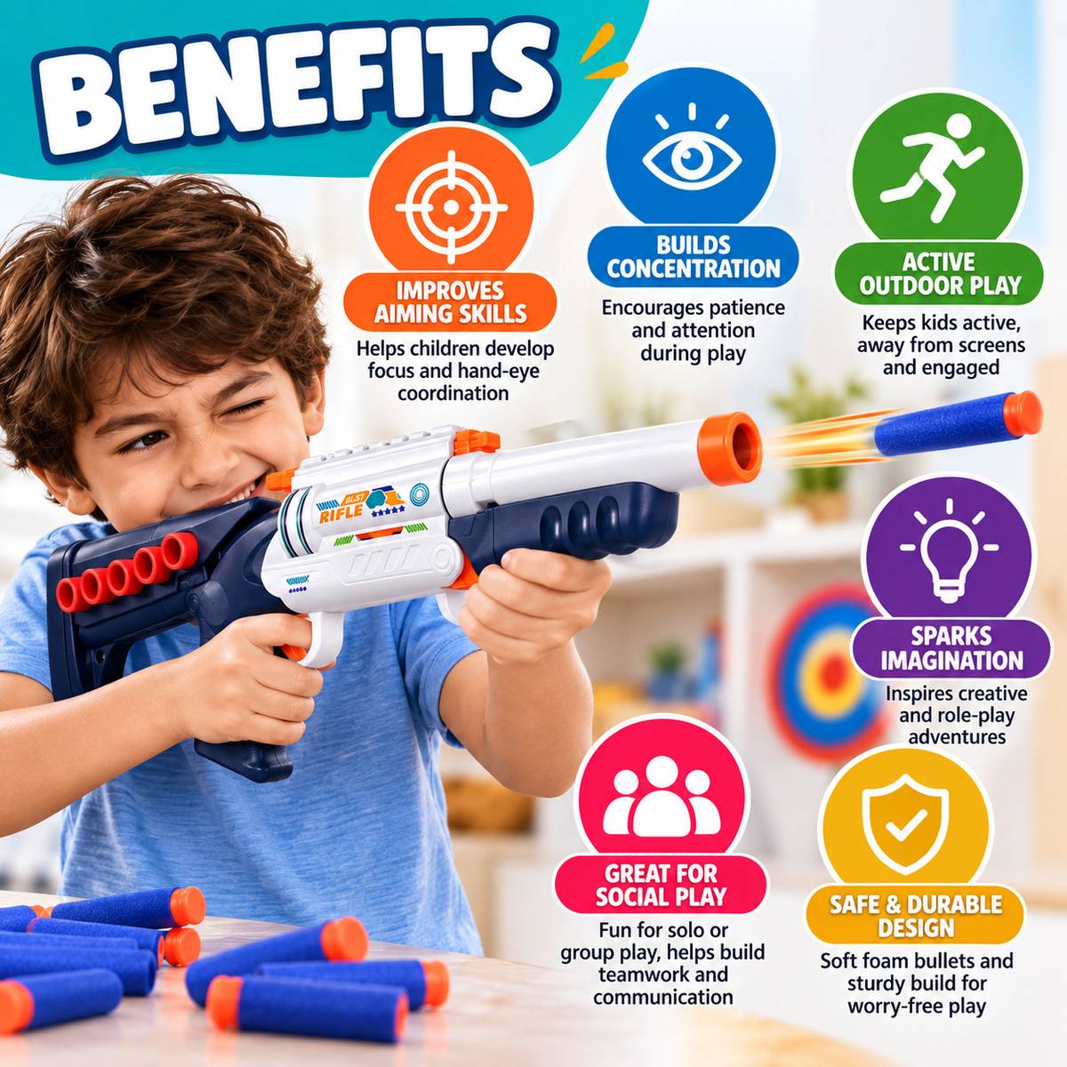 Soft Bullet Toy Gun with 12 Foam Darts for Kids 8+ Years Guns & Darts — photo 3