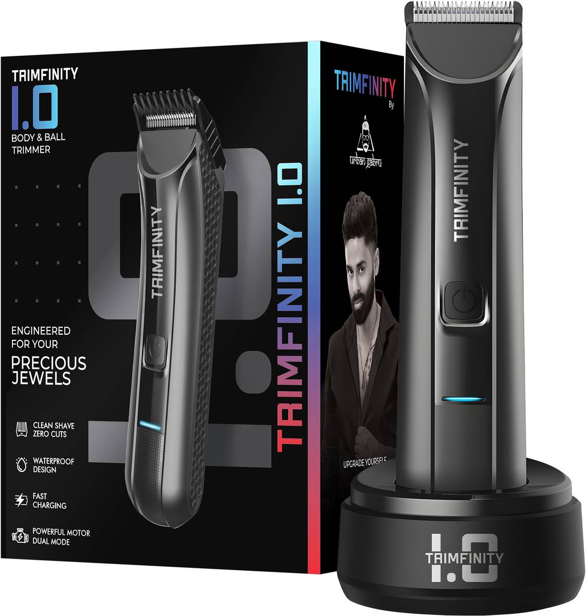 Trimfinity 1.0 Body Trimmer Men with Skin Safe Tech Fully Waterproof Trimmer Body Groomer Body Groomer 90 min Runtime 4 Length Settings
