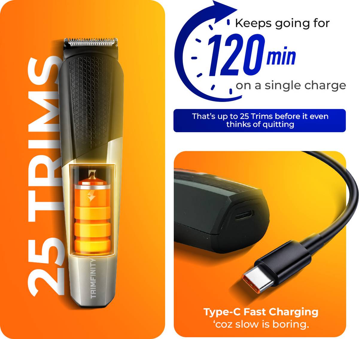 Trimfinity Maverick Beard Trimmer | 2 Adjustable Comb Attachments | Type-C Rechargeable Trimmer 120 min  Runtime 2 Length Settings — photo 4