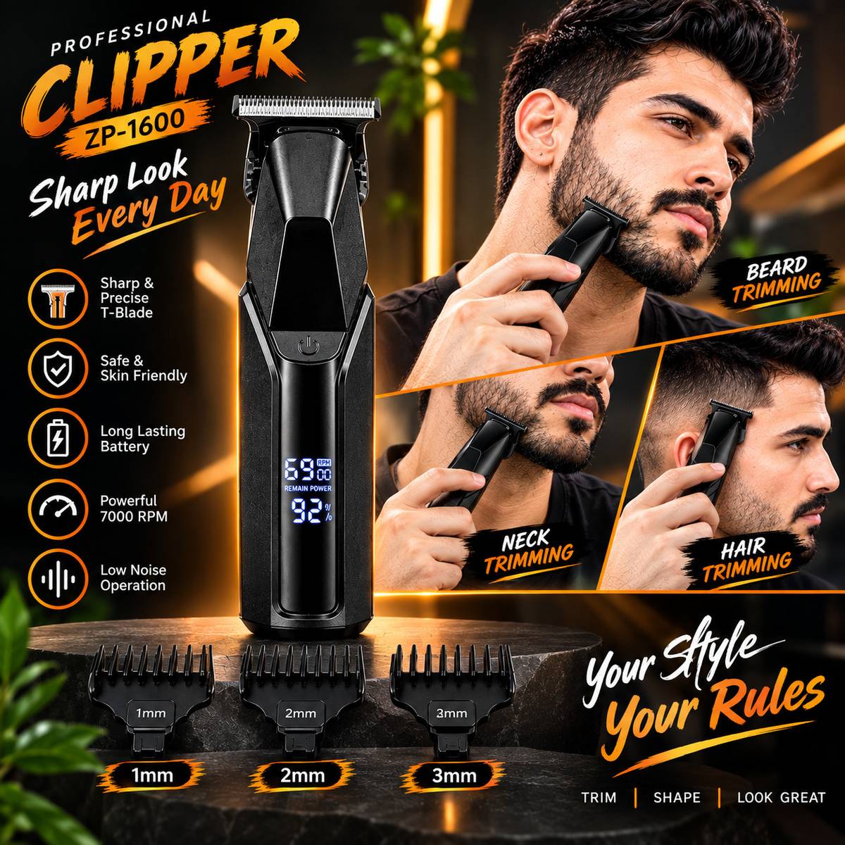 Hair & Beard Trimmer for Men, Cordless T-Blade Trimmer with LED Display Trimmer 120 min  Runtime 3 Length Settings — photo 3