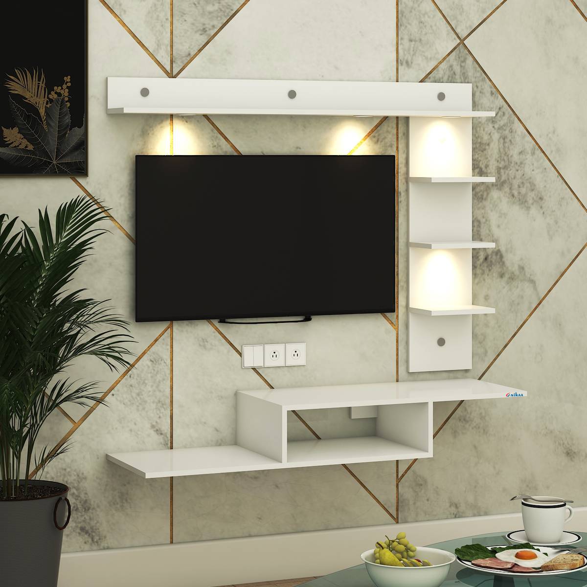 FURNIWUD Wintor Wall Mounted TV Unit with 4 LED Lights, Storage Box & Decorative Shelf Engineered Wood TV Entertainment Unit — photo 4