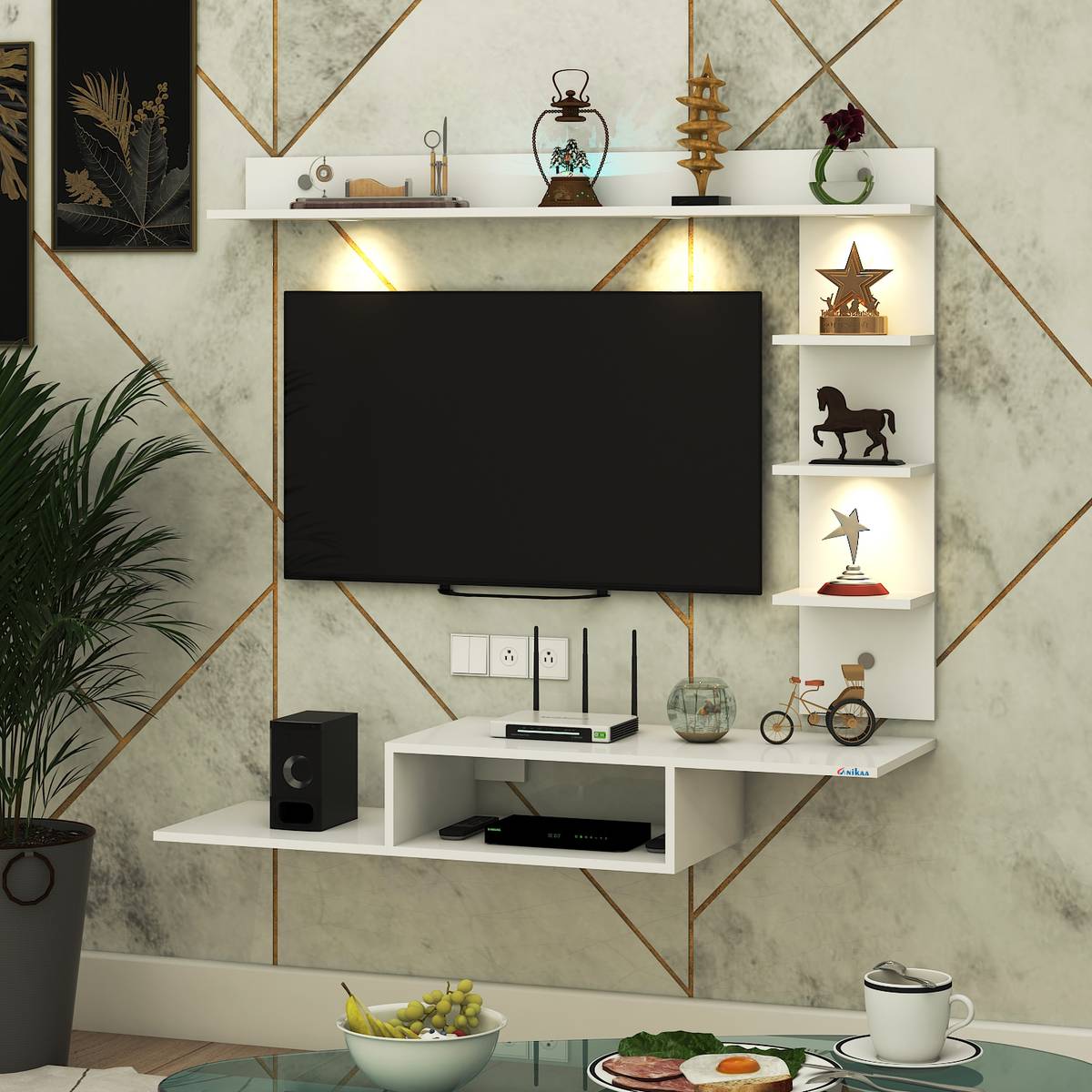 FURNIWUD Wintor Wall Mounted TV Unit with 4 LED Lights, Storage Box & Decorative Shelf Engineered Wood TV Entertainment Unit — photo 2