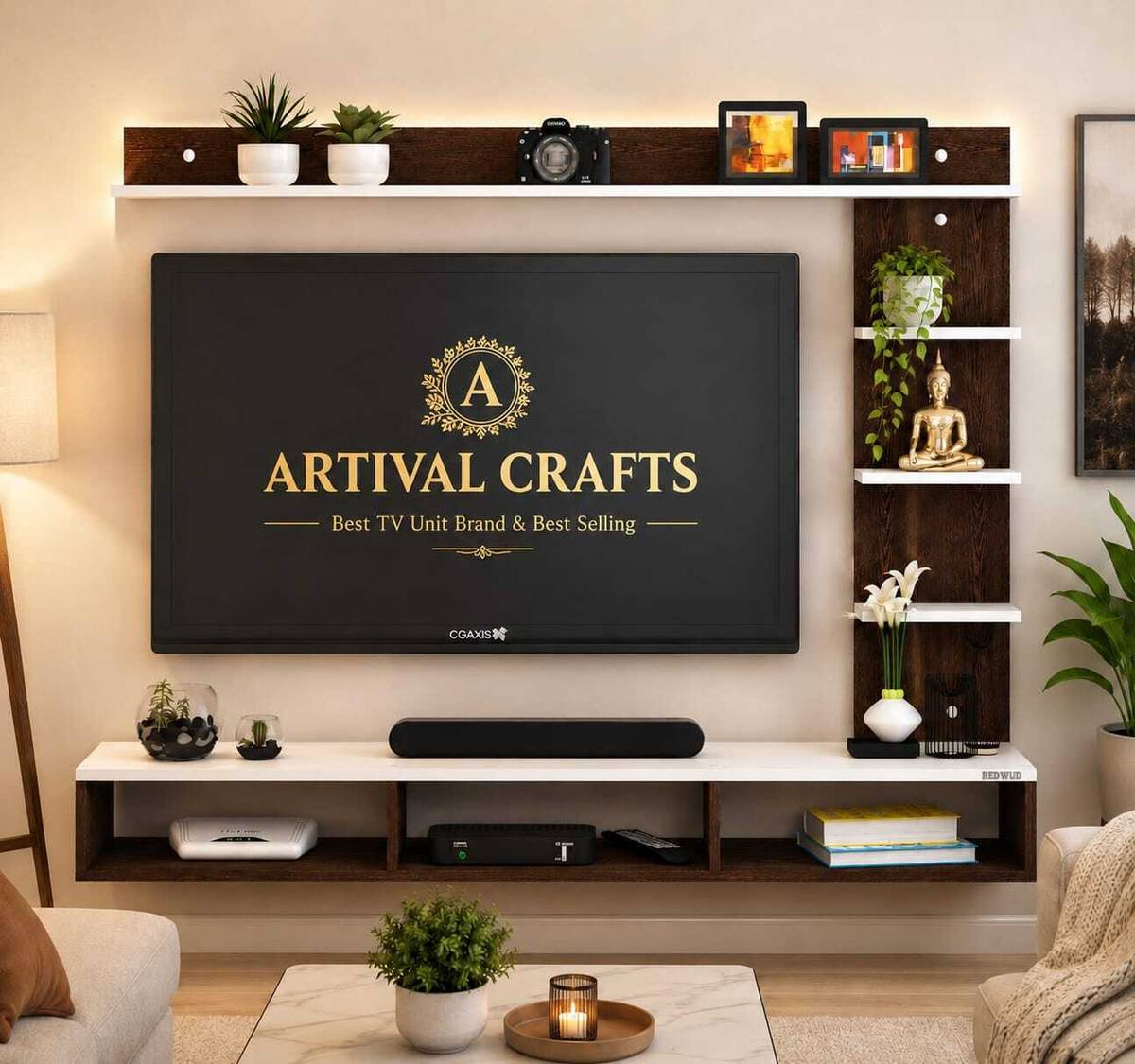 Artival Crafts Triple Side TV Cabinet for Bedroom in 32 inch Engineered Wood TV Entertainment Unit