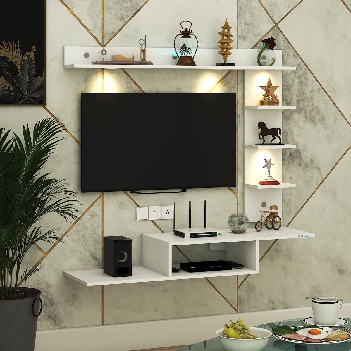 FURNIWUD Wintor Wall Mounted TV Unit with 4 LED Lights, Storage Box & Decorative Shelf Engineered Wood TV Entertainment Unit