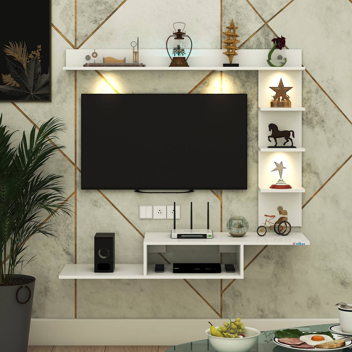 FURNIWUD Wintor Wall Mounted TV Unit with 4 LED Lights, Storage Box & Decorative Shelf Engineered Wood TV Entertainment Unit — photo 3