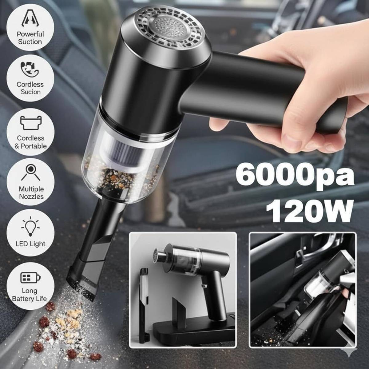 MIRAJ Portable Handheld Car Vacuum Cleaner - 6000Pa Suction Car Vacuum Cleaner with 2 in 1 Mopping and Vacuum, Anti-Bacterial Cleaning — photo 5