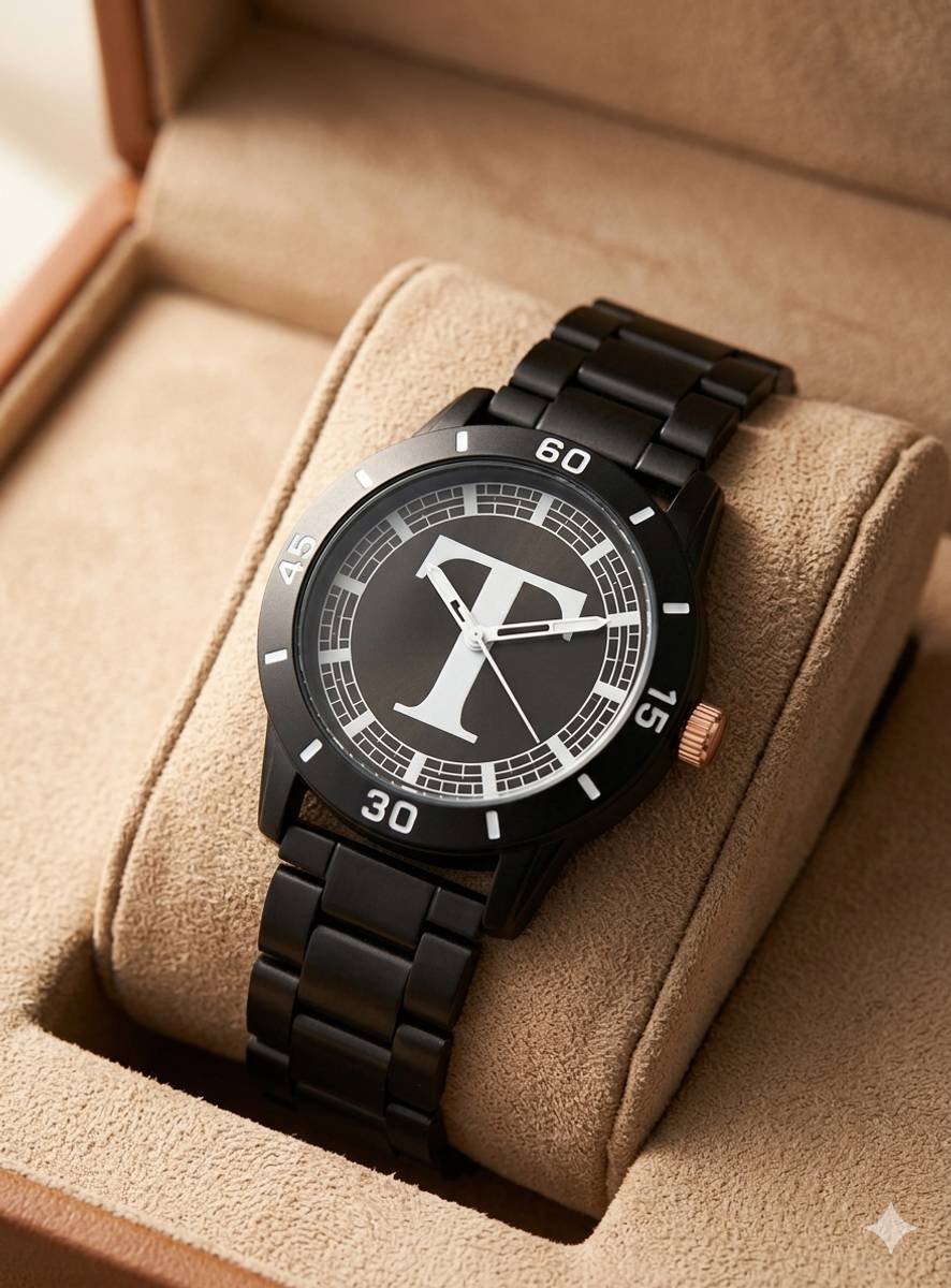 RECARO AeviyoBlack Round Black Dial ALPHABET T Design Stylish Black Silicone Strap Analog Watch - For Men