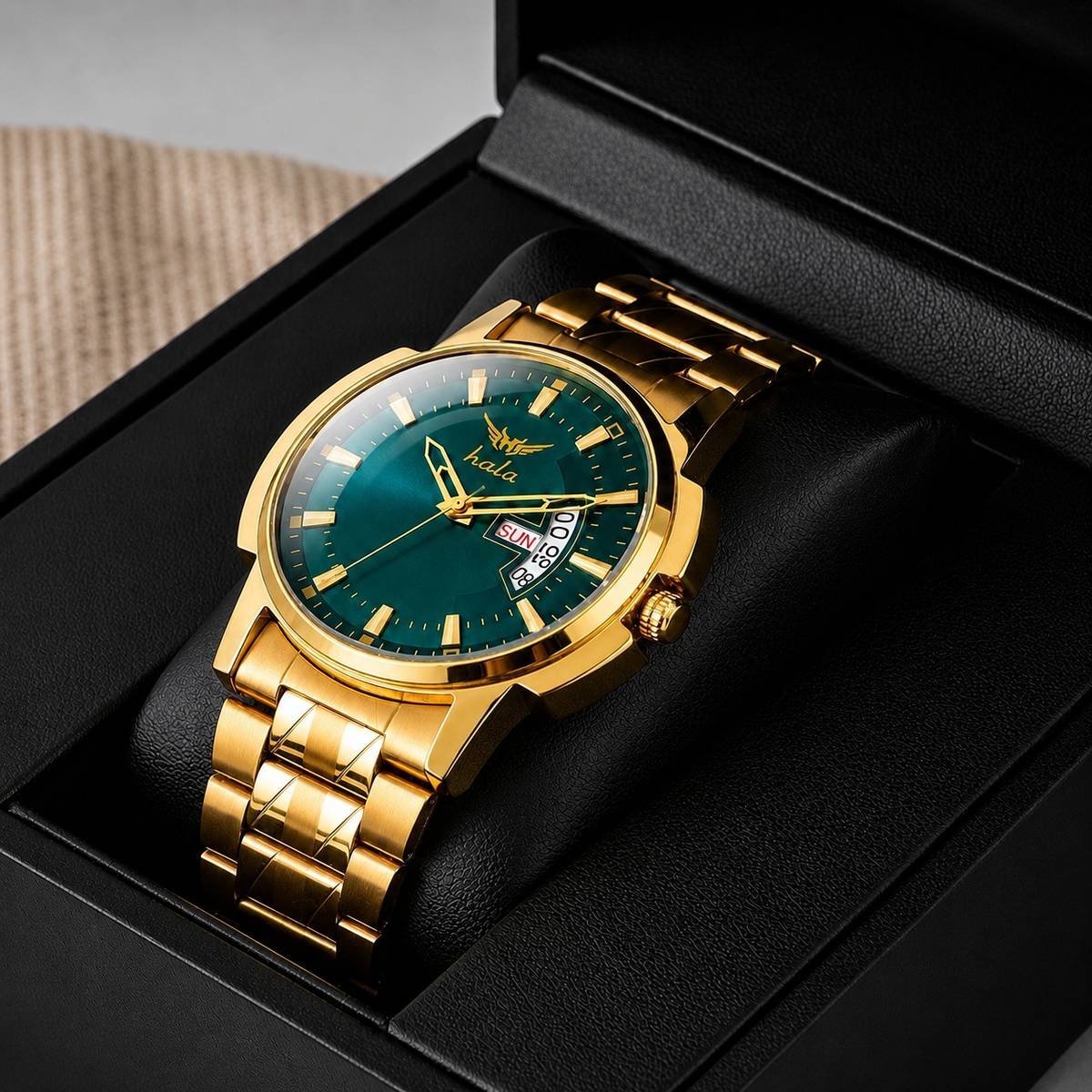 HALA 2897 Day & Date Original Gold Plated Adjustable Analog Watch - For Men