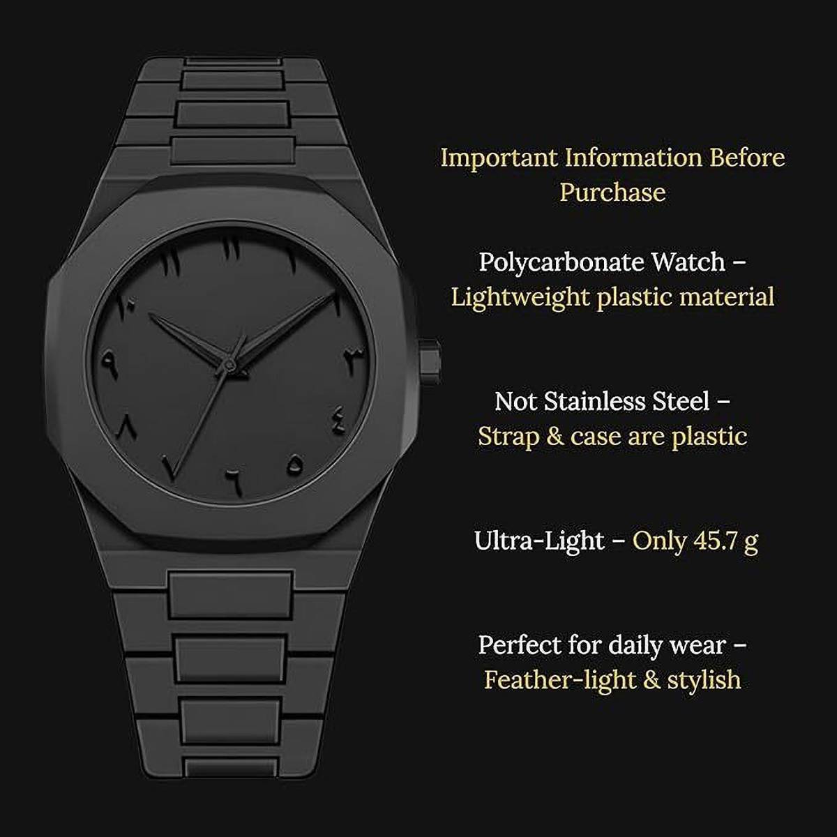 OLDIVA Modern Arabic Numeral Watch with Polycarbonate Band, Octagonal Case, for Men Black Minimalist Watch with Arabic Numerals Modern Wrist Watch Analog Watch  - For Men — photo 5